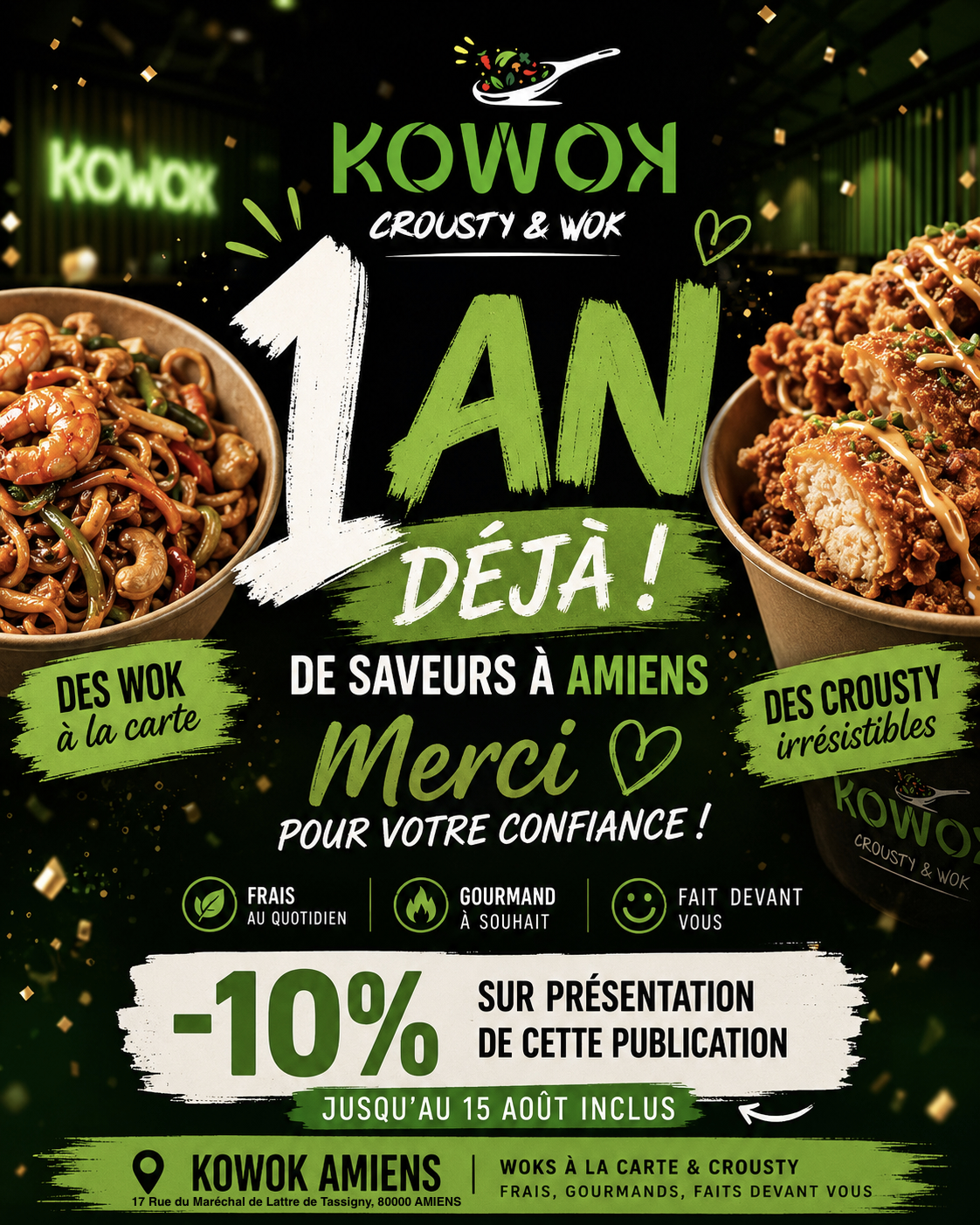 Lire la suite à propos de l’article 🎉 1 an de saveurs chez KOWOK Amiens : Merci pour votre fidélité ! 🥢💚